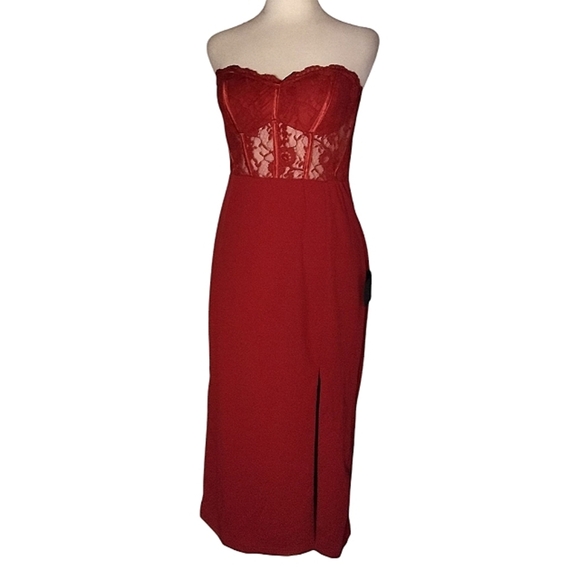 Lulus Exquisitely Sultry Wine Red Lace Strapless Bustier Midi Dress Size Large - Picture 3 of 12